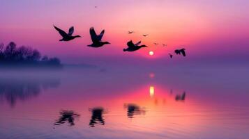 Birds Silhouette During Sunrise Over Calm Lake photo