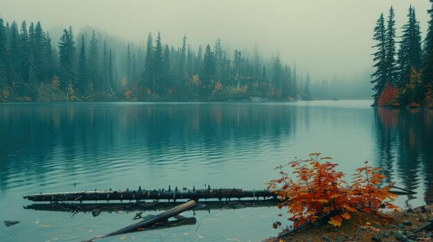 Tranquil Forest Lake With Fog And Fallen Log photo