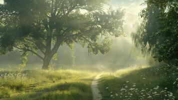 Sunbeams Through The Mist in a Lush Forest photo