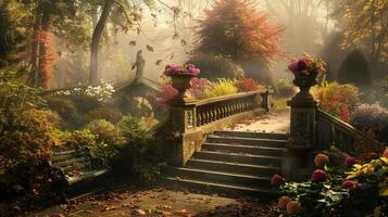 Autumnal Enchantment Stone Bridge in a Foggy Garden photo