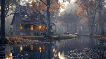 A Mystical Cottage Nestled in an Autumnal Forest photo