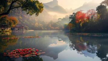 Tranquil Autumn Landscape with a Misty Lake and Mountains photo