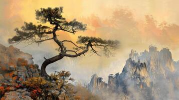 Misty Mountain Landscape with a Solitary Pine Tree photo