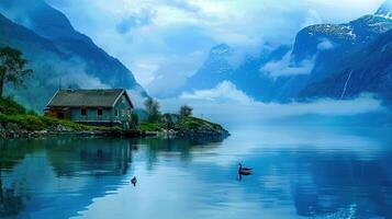 Tranquil Cottage Amidst Majestic Mountains photo