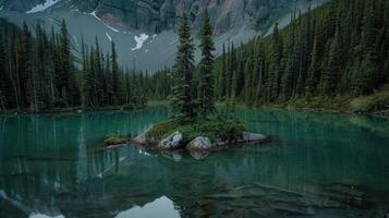 A Tranquil Mountain Lake with a Solitary Island photo