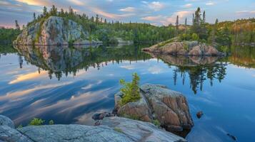 Serene Sunset Reflections on a Tranquil Lake photo