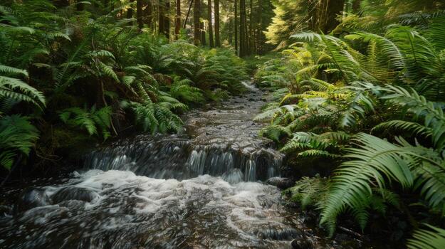 A Tranquil Forest Stream Through Lush Greenery photo