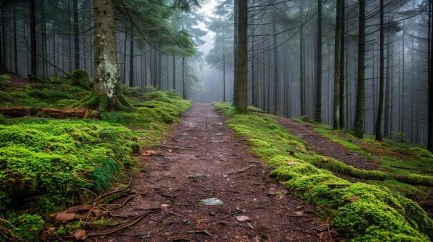 Misty Forest Path with Lush Greenery photo