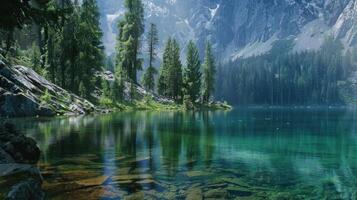 Serene Mountain Lake with Clear, Reflecting Water photo