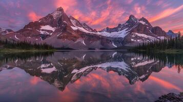 Mountain Reflections in a Still Lake at Sunrise photo