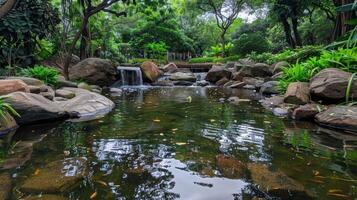 Serene Pond Surrounded by Rocks and Lush Greenery photo