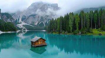 Cabin on a Serene Mountain Lake in the Italian Alps photo