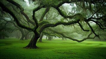 Enchanted Grove A Misty Canopy of Moss-Draped Trees photo