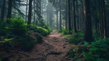 Sunbeams in the Mysterious Pine Forest photo