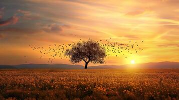 Solitary Tree Silhouette with Birds Taking Flight at Sunset photo