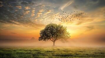 Solitary Tree in a Misty Meadow at Sunrise photo