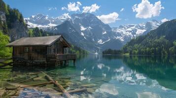 Tranquil Lakeside Cabin with Majestic Mountain Backdrop photo