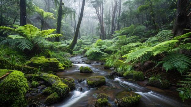 Serene Stream Flowing Through a Misty Rainforest photo