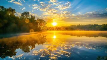 Sunrise over a Misty Lake with Trees photo