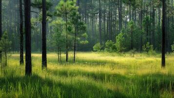 Sunlit Meadow in a Pine Forest photo
