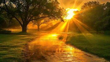 Golden Hour Sunrise Over a Stream photo