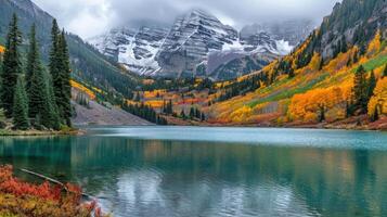 Maroon Bells Reflection in Maroon Lake, Colorado photo
