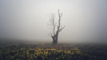 Foggy Field with a Lonely Tree photo