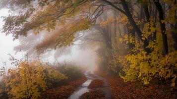 Autumn Forest Path with Fog photo