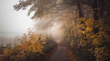 Autumn Forest Path with Fog photo