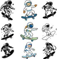 Astronaut skateboarder set of illustrations vector