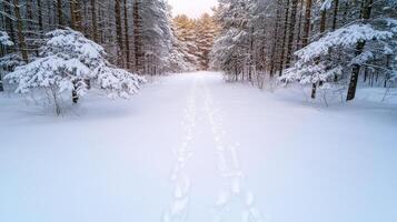 A snowy path in the woods with footprints photo