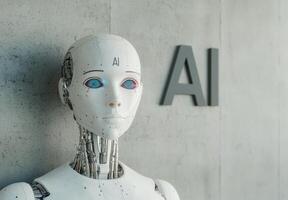 Ai robot standing in front of ai logo photo