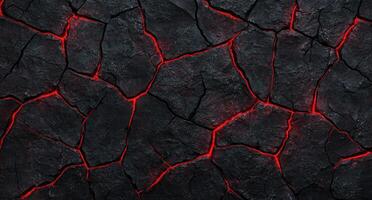 Glowing cracks in dark rock surface. . photo