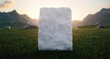 A stone in the middle of a field with mountains in the background photo