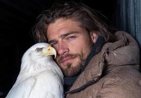 man with beard embracing bald eagle. . photo