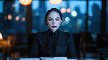 Confident businesswoman in dark attire sitting at desk with city lights in background. . photo