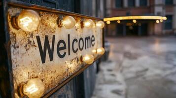 A welcome sign with lights on it photo