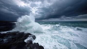 A stormy ocean with waves crashing against the rocks photo
