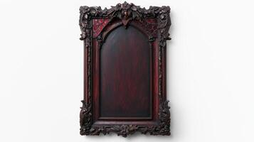 A gothic style wooden plaque with a red background photo