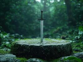 ancient sword embedded in moss-covered stone. . photo