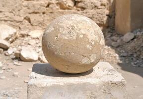 An ancient ball sits on a block in front of a building photo
