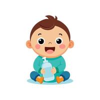 A baby sitting on the floor with a bottle vector