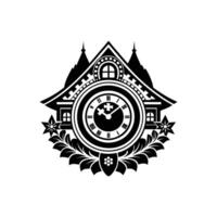 A black and white clock with a crown and a clock tower vector