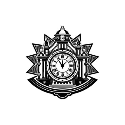 A black and white logo for a clock