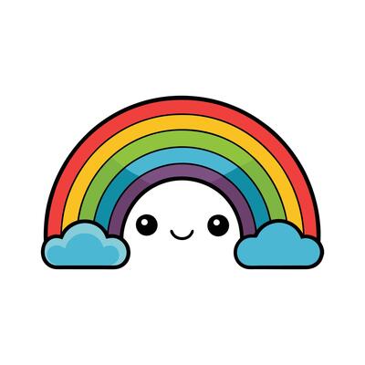 A rainbow with a smiley face and clouds