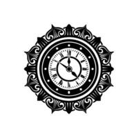 A black and white clock with ornamental design vector