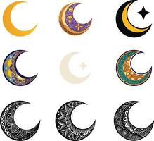 Six crescent and star designs with different colors vector