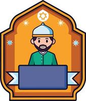 Islamic man with beard and turban in front of a mosque vector