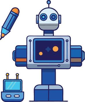 un robot con un bolígrafo y un computadora vector