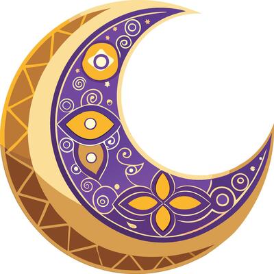 A crescent with a purple and gold design